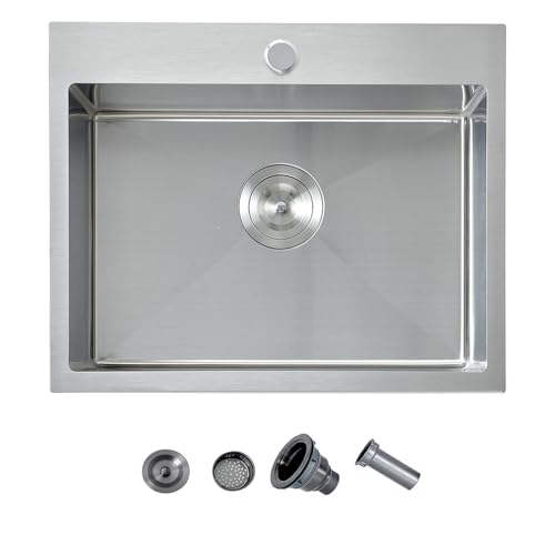 Image of 20 Inch Drop In Kitchen Sink, 20 x 16 Stainless Steel Single Bowl Top Mount Drop In Bar Wet Prep RV Outdoor Kitchen Sink, 16 Gauge Brushed Nickel