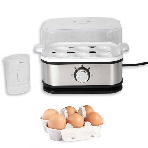 Cuiseurs à Œuf Électrique en INOX - Puissance 210W – Autocuiseur pour Œuf à la Coque, Mollets ou Durs - 3 Niveaux de Cuisson - 6 Œufs Max - Verre Doseur Plastique - Robuste et Pratique
