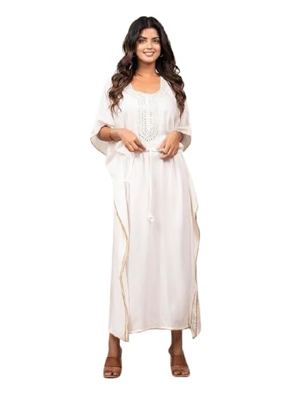 modi factory Jaipur Export Quality 100% Pure Rayon Block Print Women's Designer Kaftan Dress || Soft and (Non-Transparent Fabric) White-picture-11