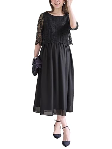 [ANGELIEBE エンジェリーベ] マタニティ 授乳服 フォーマル ワンピース レース × シフォン 半袖 ワンピ 産前 産後 お宮参り 結婚式 M ブラック