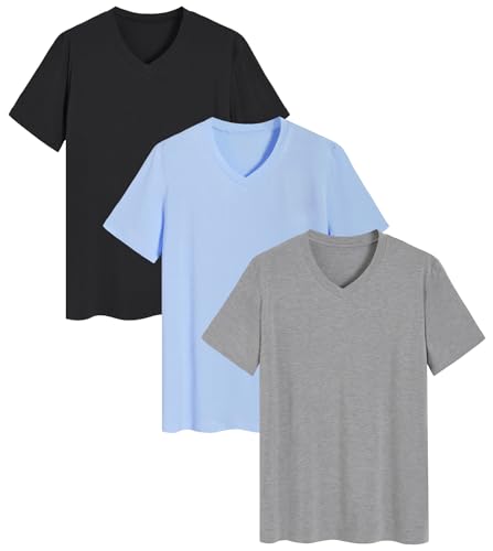 Image of Latuza Men's Viscose Sleep Shirt Soft V-Neck Pajama Tops 3 Pack