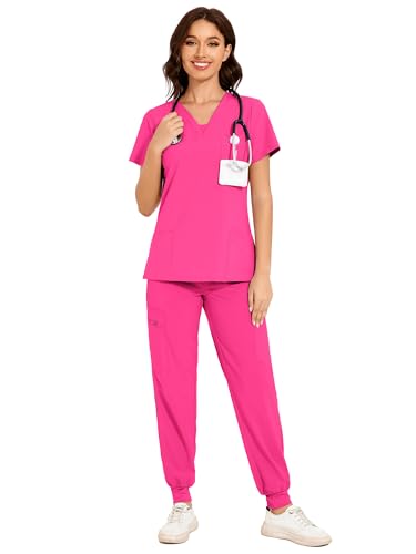 COZYFIT Scrubs for Women - V-Neck Top & Cargo Pants Scrubs Set with 10 Pockets - Hot Pink 5XL