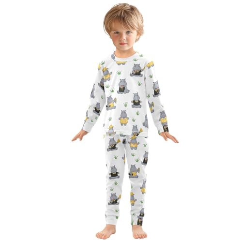 Pajama Sets Long Sleeve Cute Hippo Pattern Prints Soft Comfy Sleepwear 2 Piece PJS 3-8T2