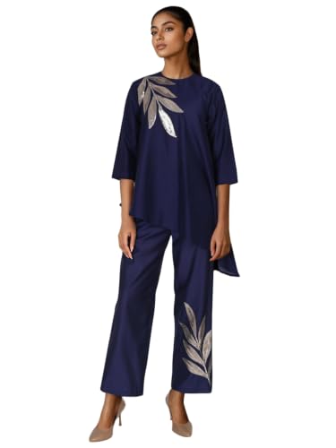 Image of Women's Magenta Chanderi Sequin Embroidered Co-ord Set | Round Neck 3 /4 Sleeve Asymmetric Top with Trousers | Festive Co-ord for Party, Wedding