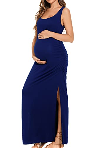 Smallshow Robe de maternité longue pour femme - Manches fendues - Vêtements de grossesse, bleu marine, M