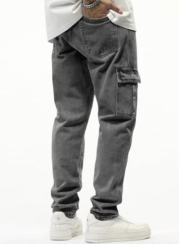 Image of JMIERR Men's Elastic Waist Cargo Jeans Stretch Denim Pants with Drawstring Relaxed Fit for Casual Daily Wear