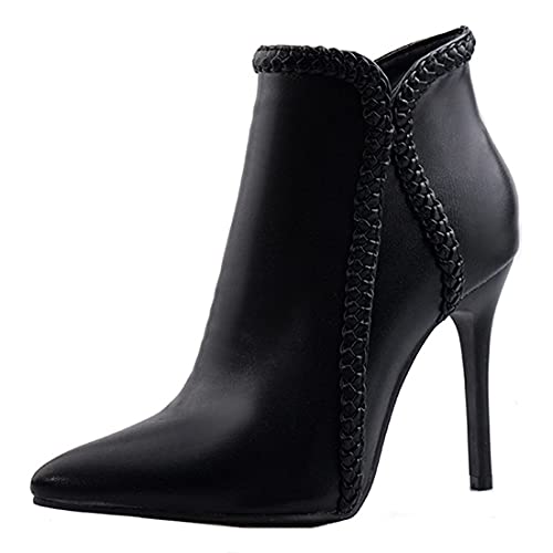 VOKLIN Women's Pointed Toe Stiletto High Heel Dressy Ankle Boots Fashion Braid Zipper Elegant Short Booties