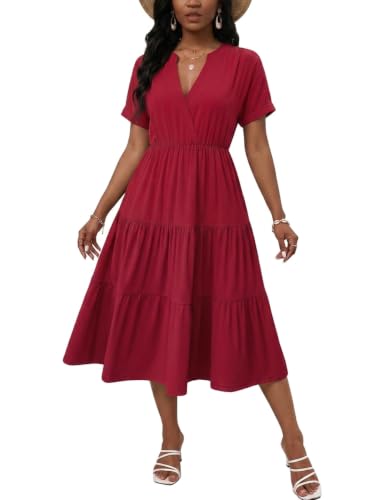 Image of PerZeal Women's Casual Tiered Midi Dress with Pockets - V Neck Short Sleeve Elastic Waist Ruffle Summer Dress for Daily Wear