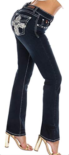 Women's S475-PB Cross Rhinestone Mid Rise Boot Cut Dark Wash Denim Jeans 3-17