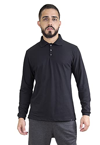 Camisa Polo Manga Longa Basica 100% Algodão Tradicional Meio (Preto, M)
