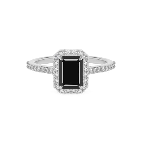 Natural Black Onyx Emerald-Cut Solitaire Engagement Ring with Diamond Halo for Women in Silver/Gold, July Birthstone Jewelry Gifts for Her Birthday, Anniversary, Wedding, Christmas,Mothers Day