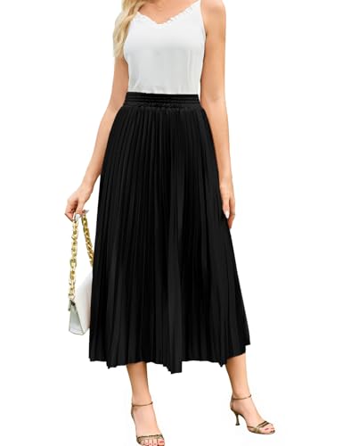 Flygo Pleated Skirts for Women Elastic High Waist A-Line Midi Skirt Casual Flowy Swing Pleated Skirt2