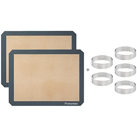 Nonstick Silicone Baking Mat Set Professional Grade Silicon Baking Sheet Food Safe Tray Pan Liners Bakeware for Cookies, Bread, Pastry and Macarons (Tart Ring*5+Gray Mat*2) Cover