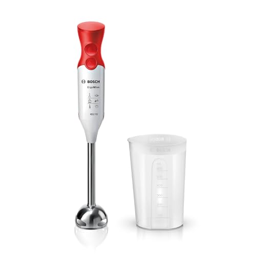 Bosch Stabmixer ErgoMixx, Edelstahl-Mixfuß, Mix- und Messbecher, 2 Geschwindigkeitsstufen, leichtes Gehäuse, 4-Klingen-Messer, einfache Reinigung, 600 W, weiß/grau, MSM66110