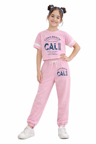 Image of Trampoline Girls Printed Co-Ord Set | Half Sleeve T-Shirt & Jogger Trackpant Set | Casual Wear Lounge Wear Outfit for Girls