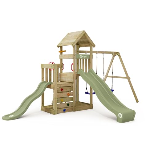 Wickey Spielturm Skyflyer 120 & 90 mit pastellgrüner Rutsche und pastellgrüner Plane - Doppelschaukel Spielgerät für den Garten