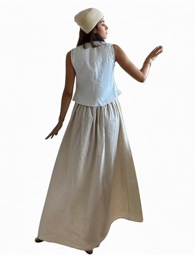 2 Piece Linen Set for Women Casual Sleeveless Tie Front Top Boho Maxi Skirt Vacation Outfits Summer Going Out Beach4