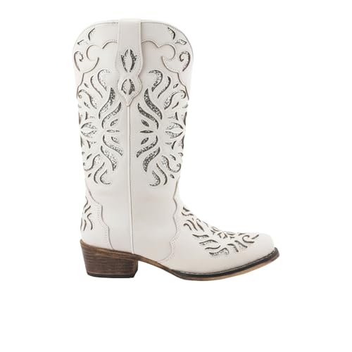 Image of ROPER Womens Riley Glitz Glitter Underlay Snip Toe Casual Boots Mid Calf Low Heel 1-2 inch - Off White