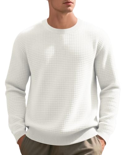 Men’s Waffle Knit Crew Neck Long Sleeve Top – Thermal Undershirt Pullover Casual Sweater