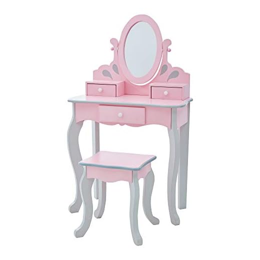 Teamson Kids Little Princess Rapunzel Kids Vanity Set with 3 Drawer and Mirror, Pink/ Grey
