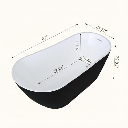 Image of Garvee 67 inch Deep Soaking Bathtub, Non-Slip Acrylic Tub with Chrome Drain, cUPC Certified, Ergonomic Modern Bath for Bathrooms, Easy-Install, Black Upturned