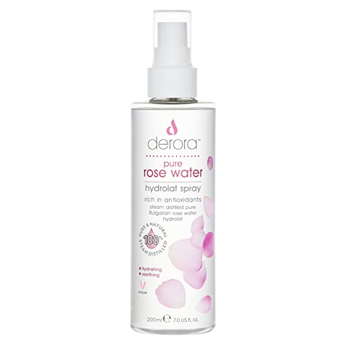 Agua de rosas pura de Derora – Spray hidrolato 100% puro y natural | Cuidado de la piel para calmar e hidratar la piel, la cara y el cabello | Vegano y libre de crueldad animal (200 ml)