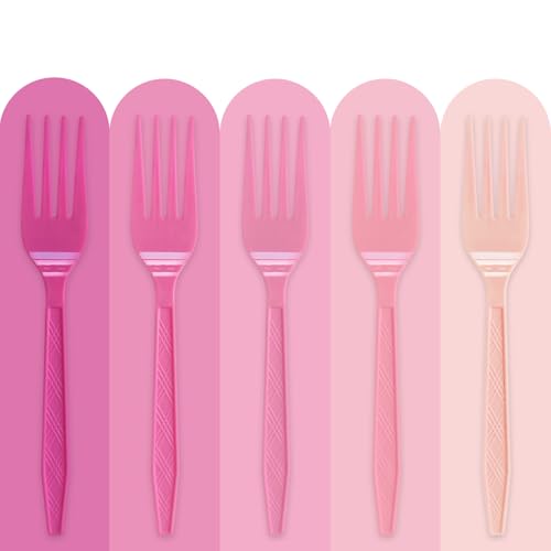 100 Pcs Disposable Pink Plastic Forks Gradient Pink Plastic Cutlery Set for Weddings Party Birthdays