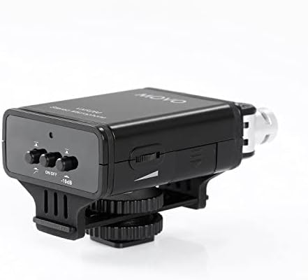 Side view of Movo VXR280 showing power switch, PAD switch, and gain control