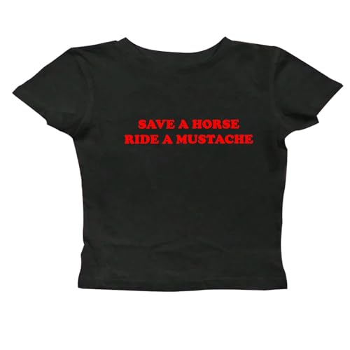 Save a Horse Ride a Mustache Shirt Women Crop Tops Y2K Streetwear Girls Fashion Cowboy Cowgirl Shirt (US, Alpha, Large, Regular, Regular, Black)