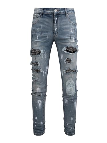 Jeans Pants Trousers Denim Black Patch Paint Design Men's Street Piercing Slim Fit Stretch Men