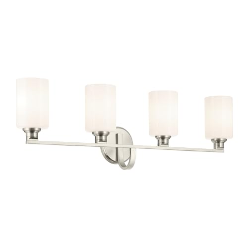 Image of Kichler Gioe 32.25 in 4-Light Bathroom Vanity Light Fixture with Opal Glass in Brushed Nickel, Modern Wall Mount Over Mirror for Powder Room, Damp Rated (32.25 in W x 10.5 in H), 55227NI