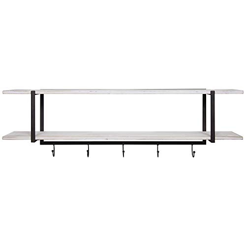 Everly Hart Collection Two Tier Metal and Wood Hooks Wall Shelf, White