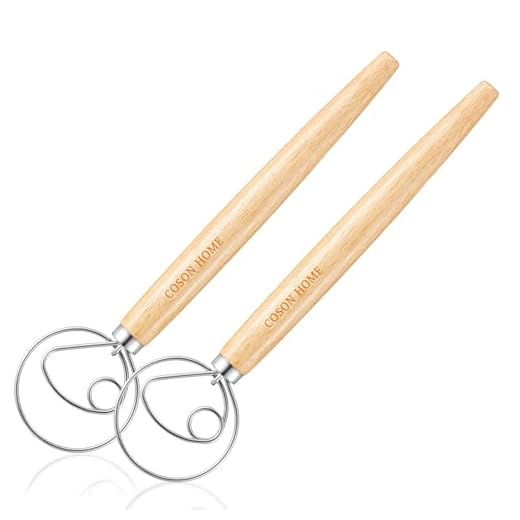 Pack of 2 Danish Dough Whisk Blender Dutch Bread Whisk Hook Wooden Hand Mixer Bread Baking Tools for Cake Bread Pizza Pastry Biscuits Tool Stainless Steel Ring 13.5 inches 0.22 lb/pcs