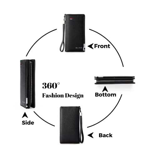 Elios Women Large Capacity Pu Leather Clutch Wallet Card Phone Holder Organizer Ladies Purse With Wrist Strap, Black
