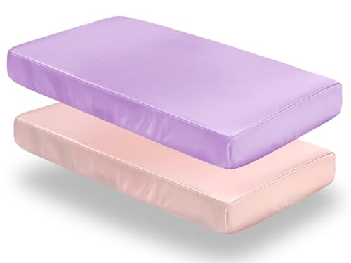 Image of SiinvdaBZX 2 Pcs Satin Mini Crib Sheets 38 x 24In, Pink & Lavender | Silk-Like Soft Mini Portable Crib Sheets Mattress Cover Portable Playard Sheets with 5In Deep Pocket, Great for Baby Hair