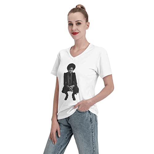 Nina Simone T Shirt Women's Summer Loose Fit Short Sleeve V Neck Basic Tee Blouses White #TOP3