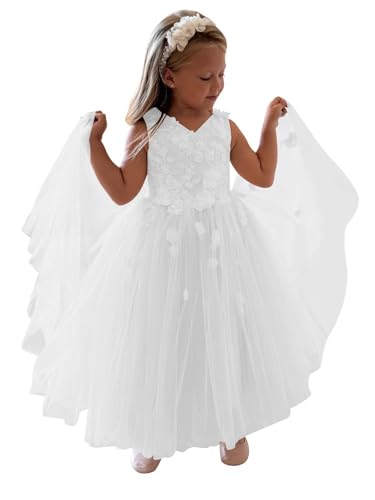 Lace Applique Flower Girl Dress for Wedding Tulle Bow Knot V-Back Ball Gowns Sleeveless Princess Birthday Long Dress