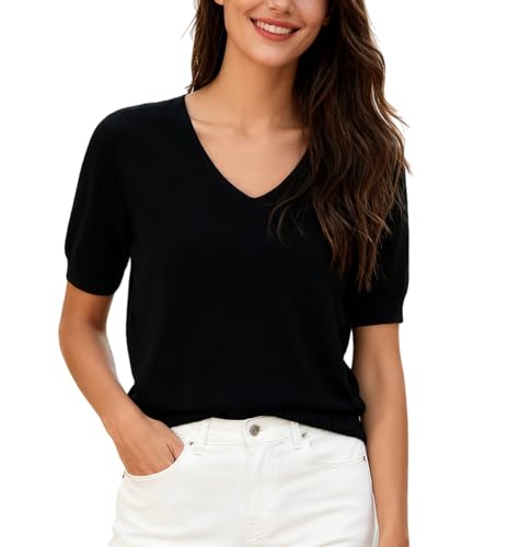 Image of SANGTREE Women's Short Sleeve Sweaters V Neck Casual Knit Pullover Tops | Perfect as a lightweight sweater for spring /summer or as a layering piece. Ideal for office, daily, holiday, home etc
