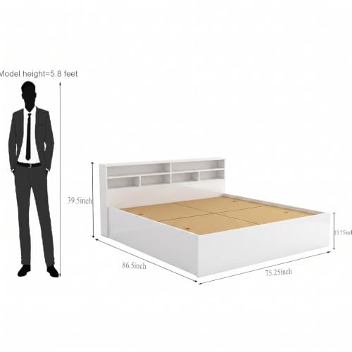 Image of DesignFit Engineered Wood King Size Bed with Box Storage | Wooden Double Bed Cot Palang Furniture | Modern Storage Bed Frame for Bedroom Living Room (White Finish)