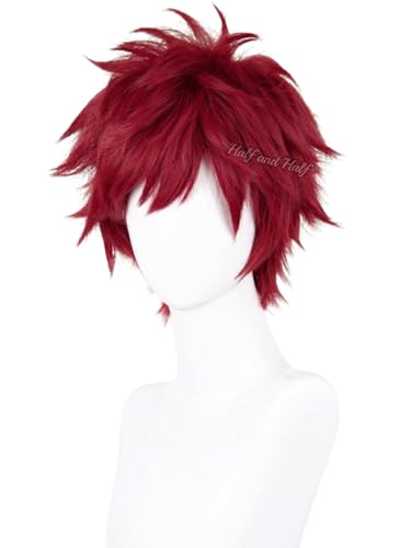 Half and Half Short Wine Red Anime Cosplay Wig for Men Dark Red Male Spiky Layered Wigs with Bangs Deep Red Game Wig for Women Unisex Halloween Daily Costumes