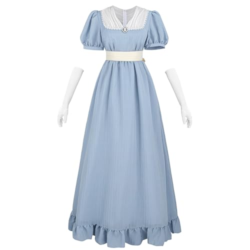 CR ROLECOS Viktorianisches Kleid 19 Jahrhundert Regency Kleid Damen V-Ausschnitt Empire Taille mit Handschuhe für Teeparty, Ball, Abendkleid Hellblau...