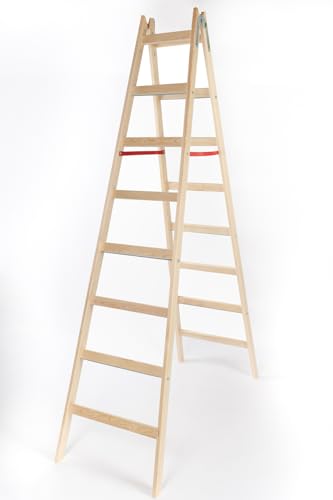 LADDERMAN Stabile Malerleiter 8 Stufen - Praktische Holzleiter, Indoor Outdoor Klappleiter mit Eimerhaken, Roten Sicherheitsgurten, Verstärkt, Breiten Sprossen - Zertifiziertes Kiefernholz