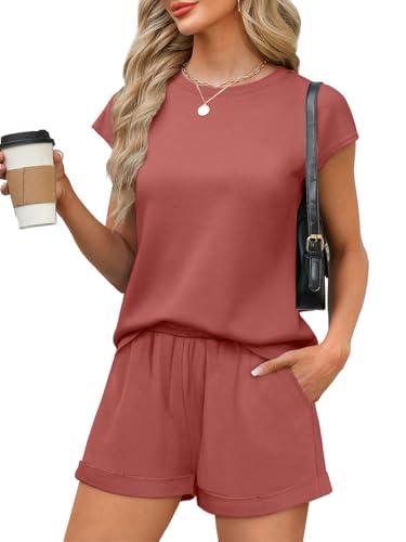 Image of WIHOLL 2 Piece Sets for Women Casual Summer Travel Vacation Outfits Cap Sleeve Shorts Lounge Set