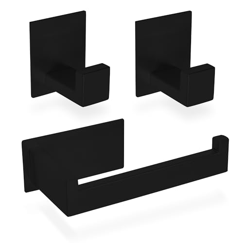 ECENCE 1x Portarrollos Papel Higiénico + 2X Ganchos para Toallas Adhesivo sin taladrar, Accesorios para baño, Negro - Fabricados en Acero Inoxidable 304