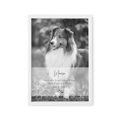 DEL MÀ Unique & Personal Andenken an verstorbenen Hund Bild im Stil einer Gedenktafel zur Erinnerung & Trauer personalisiert mit Foto Geschenk für Hundebesitzer mit Bilderrahmen Din A4 (Hochformat)