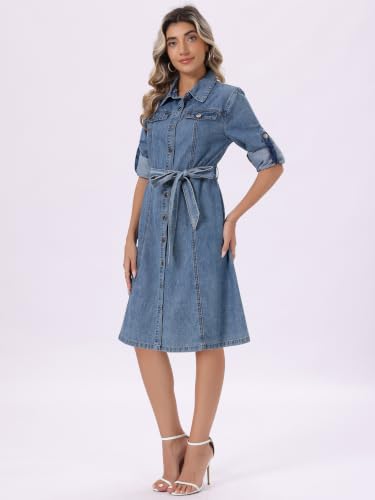 Image of Allegra K Denim Dress for Women's Long Sleeve Button Down A-Line Belted Classic Jean Dresses