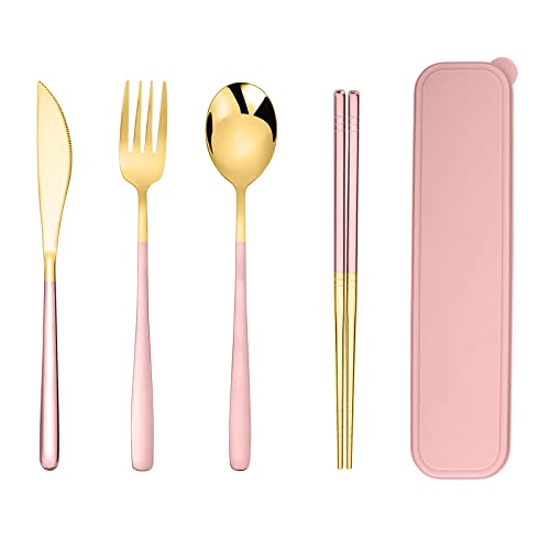 Premium Gold Plated 304 Stainless Steel Knife Fork Spoon Chopstick Set Flatware Dinnerware Cutlery Tableware Set (Pink)
