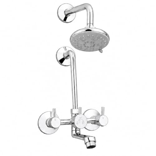 Image of iRiS Full Brass Wall Mixer Tap with Overhead Shower System Set | 100% Brass Bathroom Faucet with 125mm Long Bend Pipe | Chrome Finish Wall-Mounted Hot & Cold Water Mixer