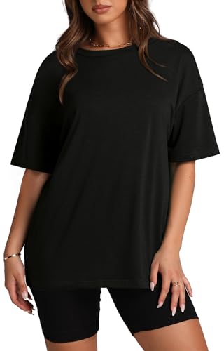 Tee Shirts Oversized Basic Crewneck Cute Summer Tops for Women Trendy Black M