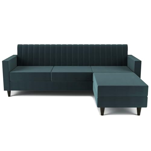 Image of FURNY Carlo 4 Seater - L Shape Convertible Sofa Set for Living Room Furniture Sets 3 Piece Small Sofa, Modular Sectional Couch for Small Space, Upholstery-Velvet Fabric (Teal)